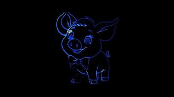 Neon frame effect,Playful Pig on black background video