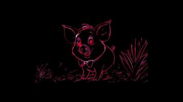 Neon frame effect,Playful Pig on black background video