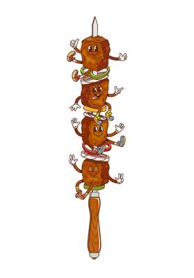 Cartoon kebab retro groovy barbeque character