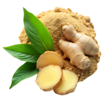 Various types of ginger on one background powder slices and root png