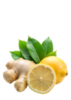 Bright lemon slices and aromatic ginger on an isolated background png