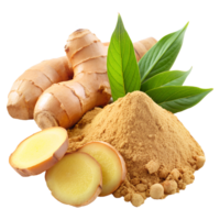 Ground ginger and ginger slices along with a whole root on a plain background png