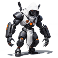 an animated robot with a hood on and two weapon in back png