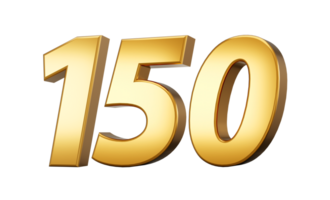 3d number 150 one hundred fifty Gold text 3d illustration png