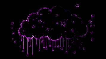 Neon frame effect, fluffy cloud-shaped frame with raindrops, glowing, black background. video