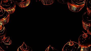 Neon frame effect, Circle Frame with Cupcakes on black background. video