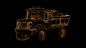 Neon frame effect, tractor and a load of vegetables on black background. video