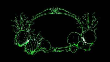 A green wreath with flowers and leaves on a black background video