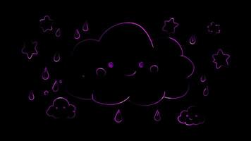 Neon frame effect, fluffy cloud-shaped frame with raindrops, glowing, black background. video