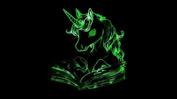 Unicorn and a Magic Spell Book A unicorn reading from a spell book with sparkles around. video