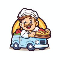 Pizza delivery man in car with pizza illustration vector