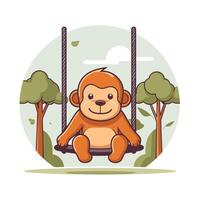 A cartoon monkey sitting on a swing in the forest vector