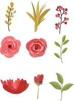 Rose. Red rose flower, as well as green leaves isolated on white background. Rose design elements set vector