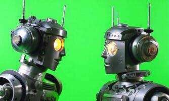 Two retro robots facing each other with glowing eyes. video