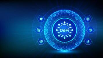 DeFi. Decentralized Finance. Blockchain, decentralized financial system business technology concept on blue background. 3D sphere globe with surface of hexagons with DeFi icon. vector