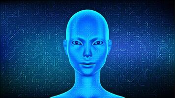 AI. Artificial intelligence concept. Female electronic face. Cyborg woman head. Female robot. Face of cyber mind. Smart assistant. Neural network. Circuit board pattern background. vector