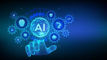 AI. Artificial Intelligence. Machine Learning Concept. Big data. Neural networks. Sphere grid wave. Wireframe hand touching digital interface with connected gears cogs and icons. vector