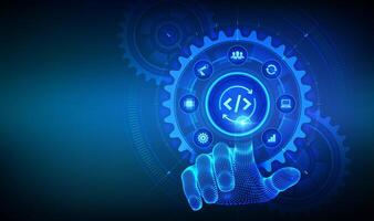 Devops. Agile development and optimisation concept. Software engineering. Software development practices methodology. Hand touching digital interface with connected gears cogs and icons. . vector