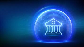 Banking. Online banking and payment. Secure transactions. Financial data protection. Cyber security. Finance networking. Glass transparent sphere with surface of hexagons with Bank icon. . EPS10 vector