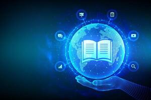 E-learning. Innovative online education technology concept. World map point and line composition. Earth planet globe in hand. Webinar, online training courses. Skill development. vector