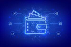 Digital wallet. E-wallet. Online payment by digital wallet. Online banking service application. Mobile banking, money transaction, e-commerce. Circuit board pattern background. vector