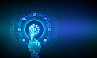 Machine learning. AI Artificial Intelligence. Deep learning. Data mining, Big Data, algorithm, neural network concept on virtual screen. Wireframe hand touching digital interface. vector