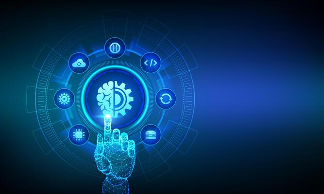Machine learning. AI Artificial Intelligence. Deep learning. Data mining, Big Data, algorithm, neural network concept on virtual screen. Wireframe hand touching digital interface.