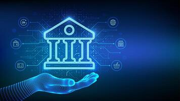 Bank icon in wireframe hand. Online banking service application. Money transaction, e-commerce. Finance and banking global internet connection. Financial transaction. API Fintech. vector