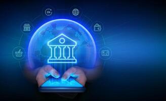 Banking service. Using a online banking app on smartphone. Finance and banking global internet connection. Financial transaction. API Fintech. World map. Earth planet globe. vector