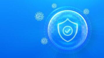 Virus protection. Healthcare. Vaccination. Virus cell. Antibiotic. Protection shield with Check mark icon inside transparent sphere shield with hexagon pattern on blue background. vector