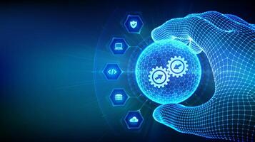 Integration data system. Industrial smart technology. System Integration concept in the shape of sphere with hexagon pattern in wireframe hand. Business automation solutions. vector