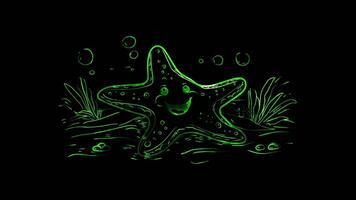 Neon frame effect,A starfish with a cheerful face resting on the ocean floor on black background video