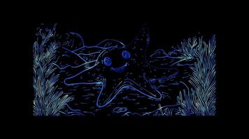 Neon frame effect,A starfish with a cheerful face resting on the ocean floor on black background video