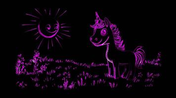A unicorn is standing in the grass with the sun behind it video