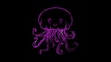 Neon frame effect, jellyfish with a smiling face and flowing tentacles on black background video