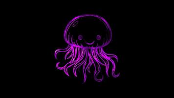 Neon frame effect, jellyfish with a smiling face and flowing tentacles on black background video