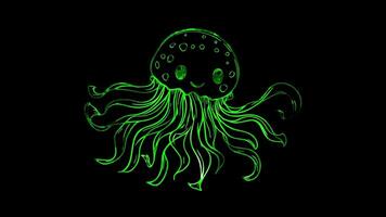 Neon frame effect, jellyfish with a smiling face and flowing tentacles on black background video