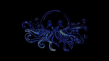 Neon frame effect, jellyfish with a smiling face and flowing tentacles on black background video