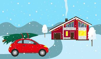 A red car with a christmas tree on the roof and a house in the background vector