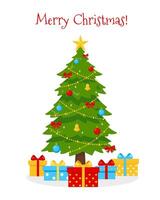 Decorated Christmas tree with gifts in boxes isolated on white background. Traditional Christmas and New Year symbol. vector