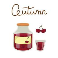 drawing with a jar and a glass of cherry compote. Home canning. Vitamin juice from ripe berries. Autumn composition with text. vector