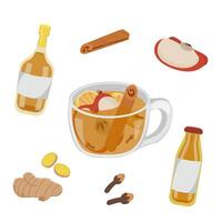image with a cup of winter or autumn drink. Image of alcoholic cocktail with apples, cinnamon and ginger. vector