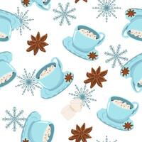 seamless pattern with a cup of winter drink. Image of hot chocolate with marshmallow and anise with cinnamon. Illustration for wallpaper and packaging for New Year and Christmas. vector