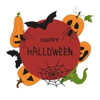 postcard with design elements for Halloween. Image of pumpkin with different faces, spider with web and bat. Witch hat for the holiday. vector