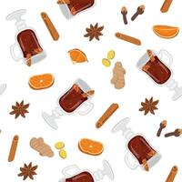 seamless pattern with winter drinks. Image of mulled wine and products for it. Illustration for wallpaper and packaging for New Year and Christmas. vector