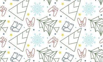 Seamless pattern with Christmas tree and snowflakes in doodle style. Geometric trees for New Year and Christmas. Holiday background. Winter mittens and boots. vector