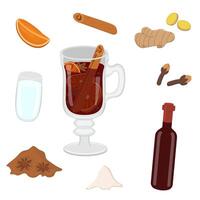 image with mulled wine and its products. Image of alcoholic cocktail of wine with anise, ginger and oranges. vector