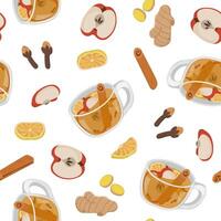 seamless pattern with winter alcoholic drinks. Image of apple brandy cocktail and products for it. Illustration for wallpaper and packaging for New Year and Christmas. vector