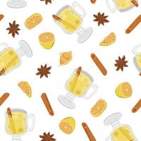 seamless pattern with winter drinks. Image of mulled wine from white wine and products for it. Illustration for wallpaper and packaging for New Year and Christmas. vector