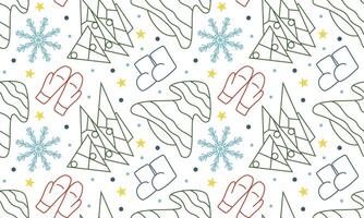 Seamless pattern with Christmas tree and snowflakes in doodle style. Geometric trees for New Year and Christmas. Winter mittens and warm boots. vector